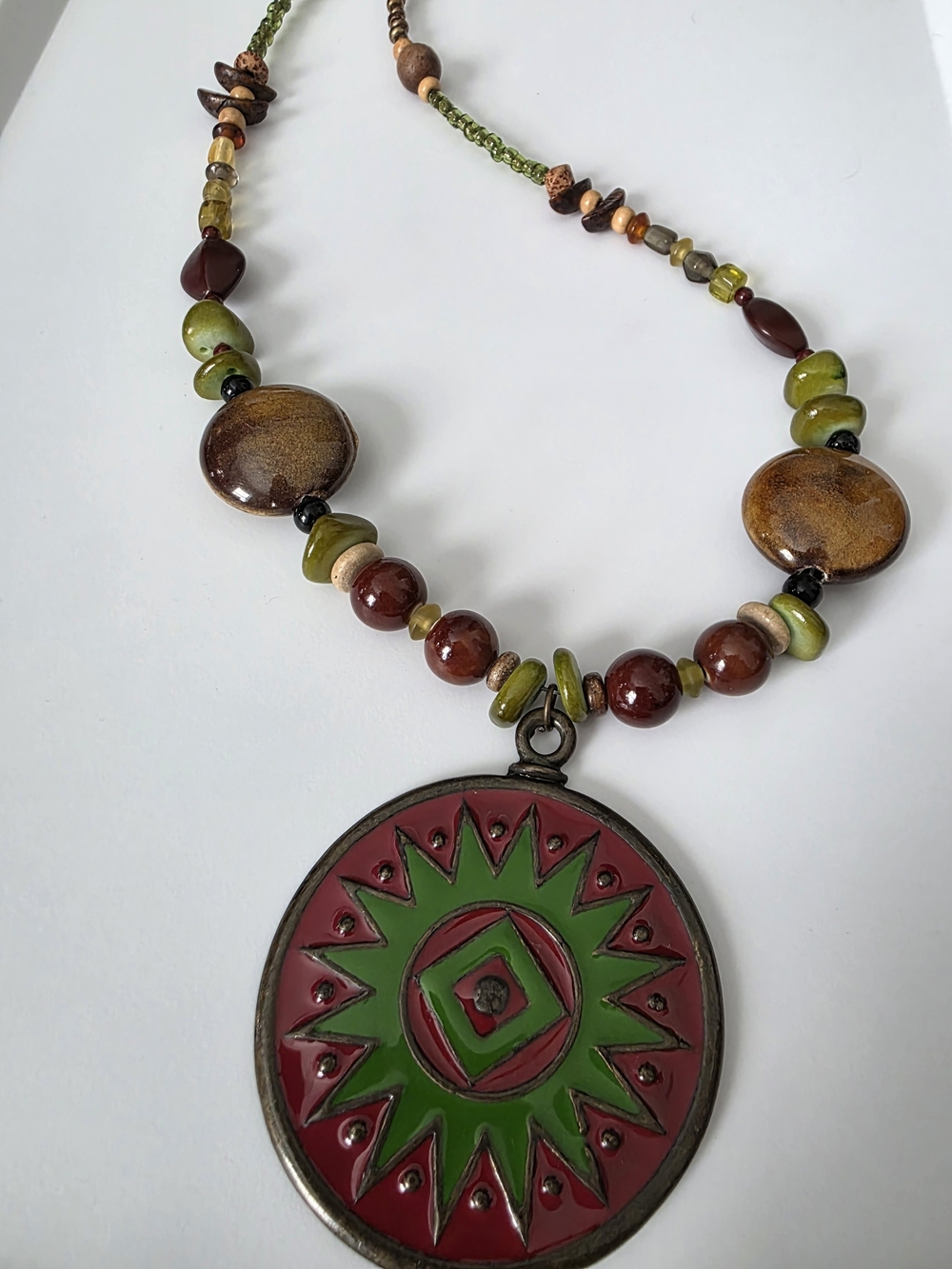 Handcrafted Burgundy and Green Enamel Sunburst Pendant Necklace